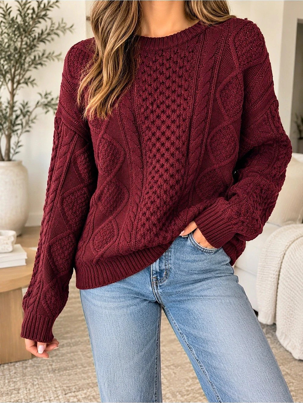 Wilfred Rosemary Sweater Cable Knit Crewneck Sweater Burgundy Size XS